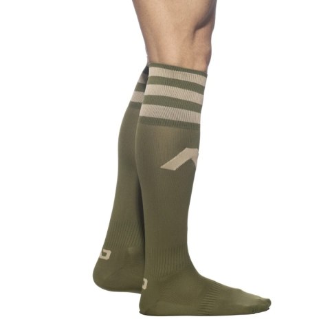 Addicted Skarpety wysokie khaki z beżowymi paskami i logo AD W
